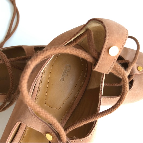 Chloé Brown Leather Suede Ankle Wrap Tie Up Flats - Picture 7 of 8